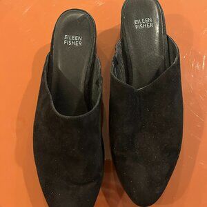 Eileen Fisher Black Sylvia Suede Block Heel Slip on Mules Size 10